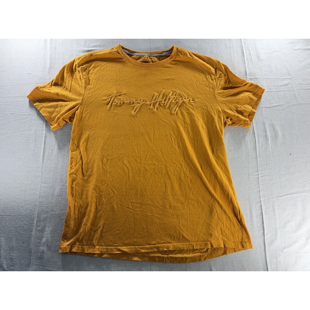 Tommy Hilfiger Men's Signature Embroidered Spell-Out T-Shirt Gold Yellow Size XL
